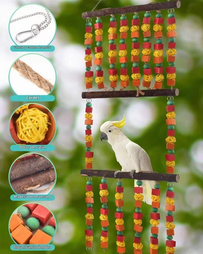 Vista 4 de DBNESS Juguetes de loro de pájaro extra grandes de 43 pulgadas, bloques de madera multicolor para masticar, juguete con bolas de ratán y perchas