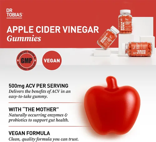 Vista 4 de Dr. Tobias Gomitas de vinagre de sidra de manzana con la madre, 500 mg de ACV por porción, más folato, B6, B12 y yodo Apoya la limpieza intestinal