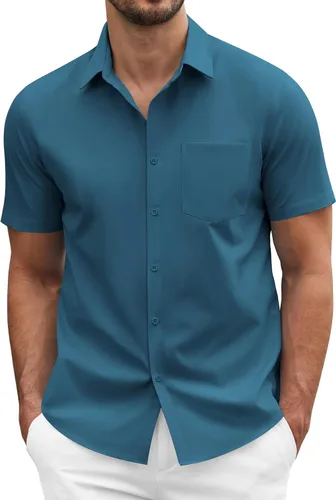 Vista 14 de COOFANDY: camisa casual de manga corta con botones para hombre, de negocios, sin doblar con bolsillo