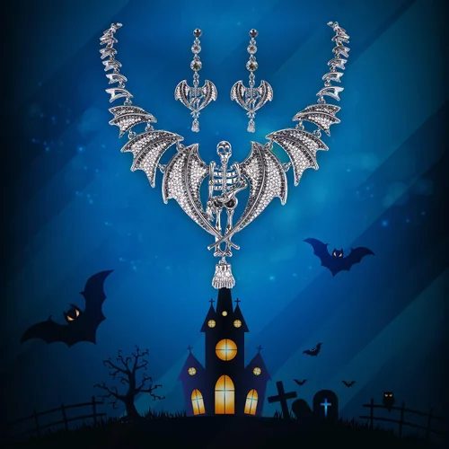 Vista 2 de EVER FAITH Conjunto de pendientes de collar de murciélago de calavera de Halloween estilo gótico de cristal austriaco