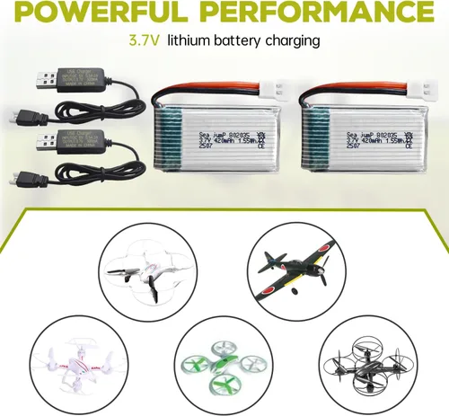 Vista 2 de sea jump 2 baterías Lipo de 3.7 V 420 mAh 25C con cable de carga USB, enchufe Molex compatible con la mayoría de drones RC Quadcopters, aviones