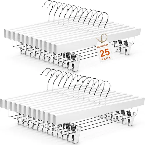 Vista 13 de HOUSE DAY Perchas de madera para pantalones con clips, perchas de madera maciza de loto de lujo, gancho resistente y antioxidante para pantalones