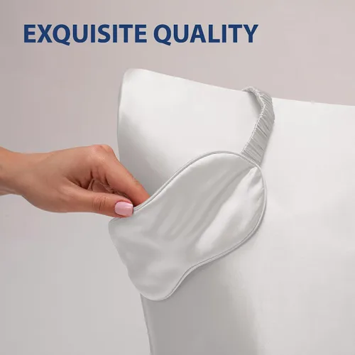 Vista 4 de Cathay Home Juego de accesorios de ropa de cama de satén, fundas de almohada, máscara de ojos, coleteros, suave como la seda, resistente a las Blanco