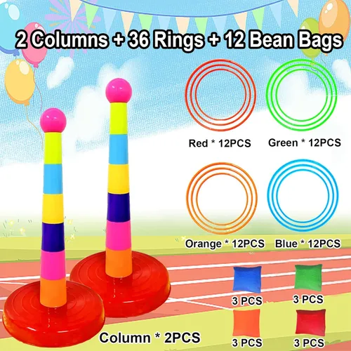 Vista 3 de Colorido juego de lanzamiento de anillos deportivos de plástico para niños, 2 columnas coloridas+48 anillos+12 bolsas de frijoles, juguetes
