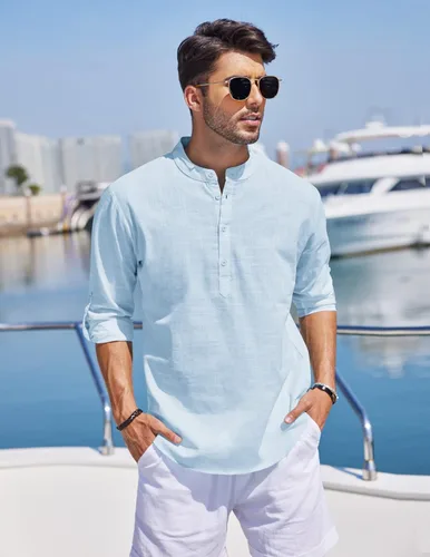 Vista 2 de JINIDU Camisas de lino de algodón para hombre, manga larga, Henley hippie, playa, boda, yoga