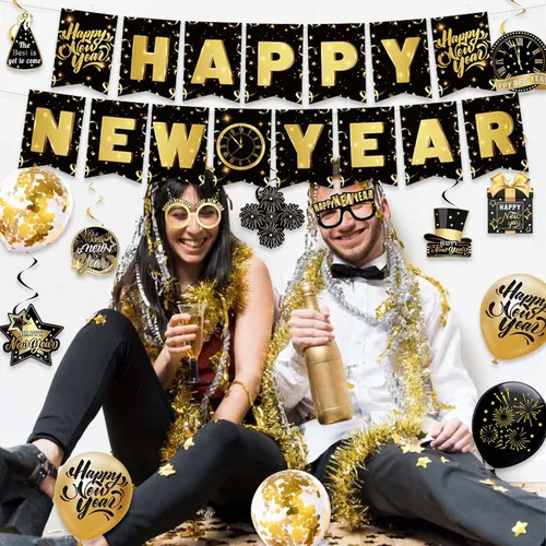 Vista 7 de Decoraciones de Año Nuevo 2025, suministros de fiesta de feliz año nuevo negro dorado con banderines, espirales colgantes, accesorios de cabina