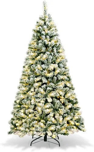Vista 11 de Goplus - Árbol de Navidad artificial nevado de 4.5 pies, con nieve, flocado, con bisagras, preiluminado con 200 luces LED, 400 puntas de ramas