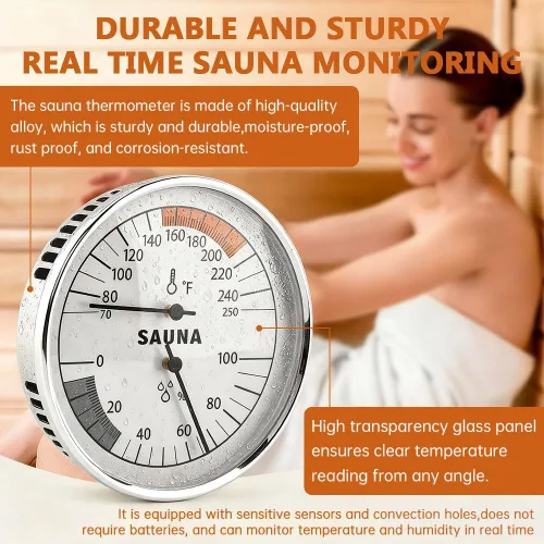Vista 6 de Termómetro higrómetro de sauna 2 en 1, medidor de temperatura de sauna colgante para temperatura de humedad interior, rango de temperatura 70-250°F