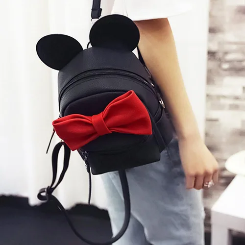 Vista 5 de Mochila de piel sintética con diseño de ratón y arco ideal para llevar al hombro al colegio o para viajar estilo casual para mujeres y niñas