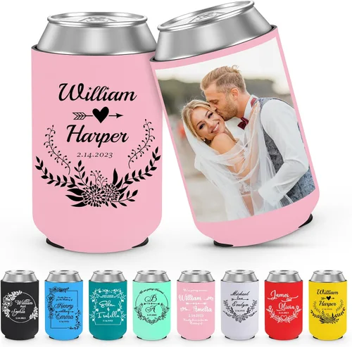 Vista 30 de Valyria Fundas enfriadoras de latas personalizadas, 1 unidad, plegable, aislante, soporte para bebidas con logotipo, imagen, texto para aniversario