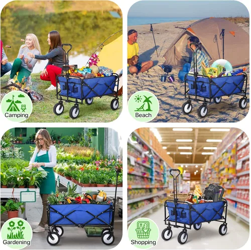 Vista 7 de HKLGorg Carrito plegable con ruedas, resistente, portátil, plegable, con asa, para campamento, comestibles, playa, (azul)