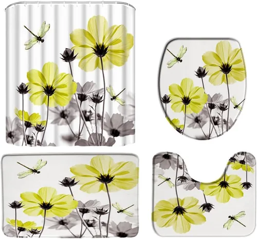 Vista 13 de Cortina de ducha floral azul y gris, planta rústica, retro, margarita, abstracta, elegante, natrue de tela con ganchos