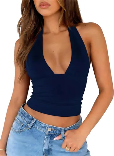 Vista 5 de ForeFair Camiseta sin mangas sexy con cuello halter sin espalda para salir, cuello en V profundo, espalda abierta, sin mangas, ajuste delgado, Y2K