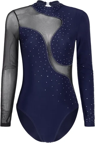 Vista 48 de iiniim Leotardo de malla para mujer, con diamantes de imitación, de malla, de manga larga, leotardos de gimnasia