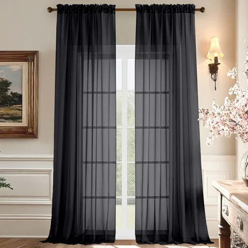 Vista 17 de Aiyufeng 2 paneles de cenefa transparente negra de 14 pulgadas de largo, cortinas cortas negras transparentes para dormitorio, cortinas de cocina