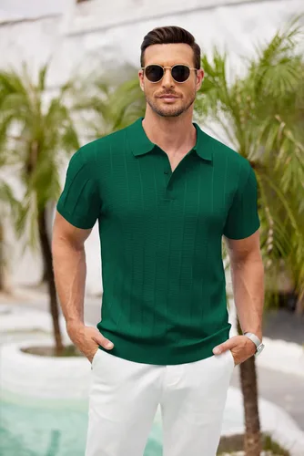 Vista 48 de COOFANDY Camisas polo de punto para hombre de manga corta con textura acanalada Camisas de golf casuales y ligeras con cuello Camiseta de polo