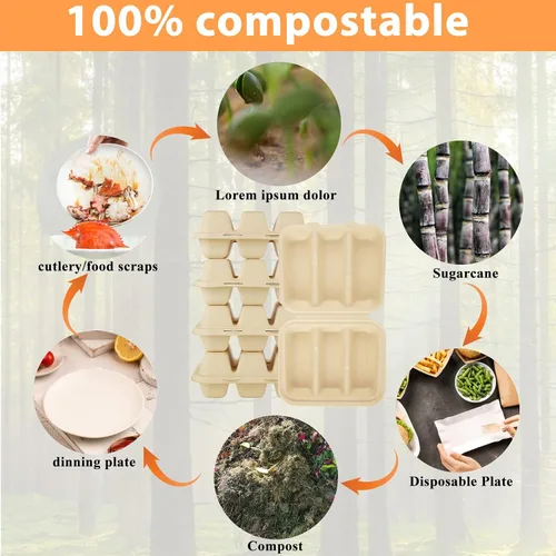 Vista 4 de JMIATRY 50 soportes desechables para tacos con tapas, platos desechables para tacos con 3 compartimentos, divisores de fibra de pulpa, desechables