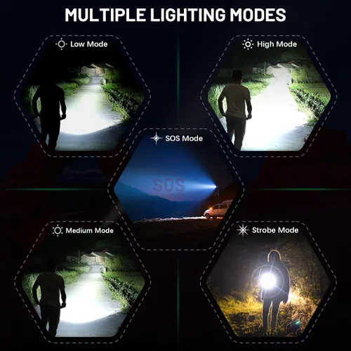 Vista 3 de Linternas LED recargables de 3600,000 lúmenes altos, linterna súper brillante con funciones de entrada y salida, linterna táctica para acampar