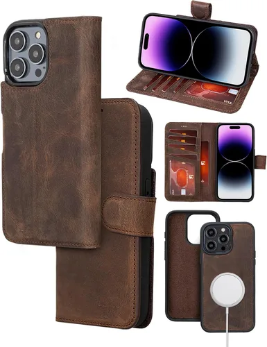 Vista 10 de Bayelon Funda para iPhone 14, funda de cuero de grano completo, [2 en 1], funda magnética desmontable con ranuras para tarjetas, soporte y función