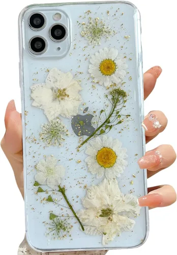 Vista 47 de LSEEKA Funda transparente para iPhone 11 con diseño de flores prensadas reales, linda y brillante, patrón floral rosa, funda protectora delgada