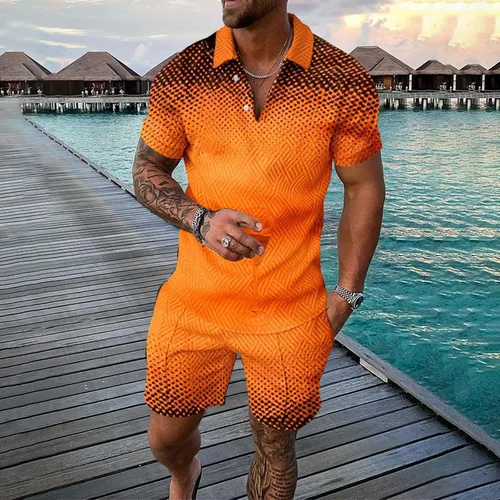 Vista 2 de Conjunto corto para hombre, 2 piezas, camiseta de manga corta y pantalones cortos, conjunto deportivo elegante y casual