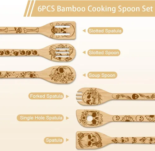 Vista 2 de GLOBLELAND Juego de 6 cucharas de cocina de bambú de esqueleto, juego de cucharas de cocina grabadas de madera, juego de espátulas de bambú