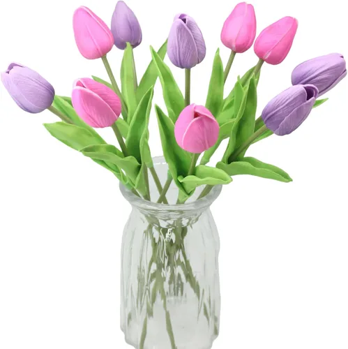 Vista 21 de Flores artificiales, 10 cabezas, mini tulipán artificial de tacto real para decoración del hogar, boda, fiesta, centro de mesa (negro)