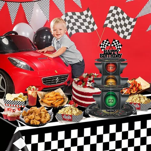 Vista 3 de Soporte redondo de 3 niveles para cupcakes con tema de luz de señal, soporte para postres con temática de coche, decoración de fiesta de cumpleaños