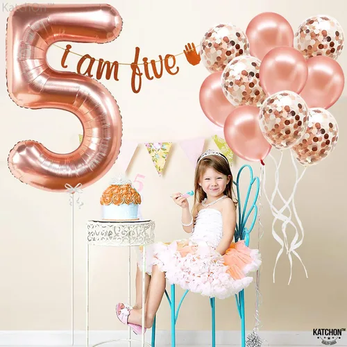 Vista 5 de Globo de oro rosa con el número 5 para cumpleaños con el globo de oro rosa del número 5 de 40 pulgadas, un globo para globos de primer cumpleaños