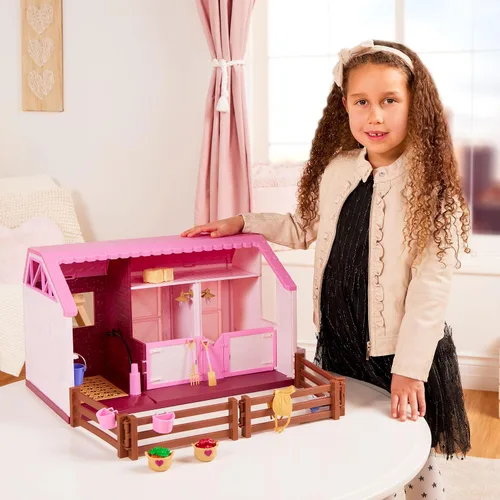Vista 2 de Lori Philippa's Horse & Stable Set, Mini Doll Barn Playset, Rosa, Muñecas