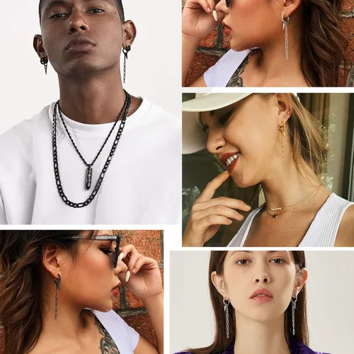 Vista 2 de Aretes colgantes de acero inoxidable para hombres y mujeres, chapados en oro de 18 quilates, aretes colgantes con bisagras, aretes de cadena larga