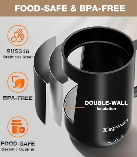 Vista 5 de Kepwam Taza de Café Autocalentante T1, Taza de Café Recargable Calentada de 16oz, Taza de Café Inteligente con Calentamiento Controlado por