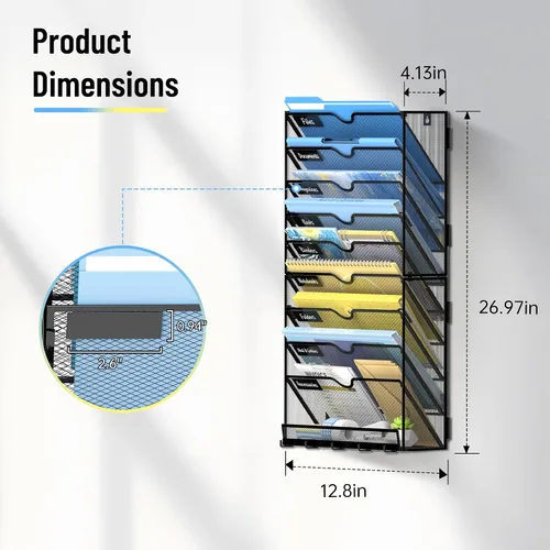 Vista 3 de SUPEASY Organizador de archivos de pared de 10 niveles con ganchos Negro