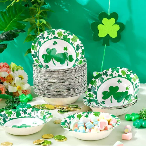 Vista 2 de Domensi 50 cuencos de papel del día de San Patricio, 50 unidades, 16 onzas, cuencos desechables de trébol verde de la suerte, decoraciones de fiesta