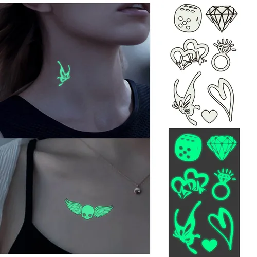 Vista 4 de Glaryyears Tatuajes que brillan en la oscuridad, paquete variado de 180 tatuajes falsos, paquete de 33 calcomanías de tatuaje temporal corporal, luz
