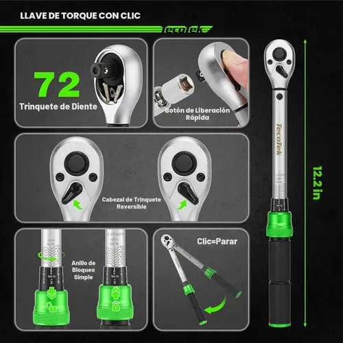 Vista 6 de TecoTek juego de 11 piezas de enchufes de bujía de 3/8" con llave de torque de clic, separador de bujías, junta universal, barra de extensión