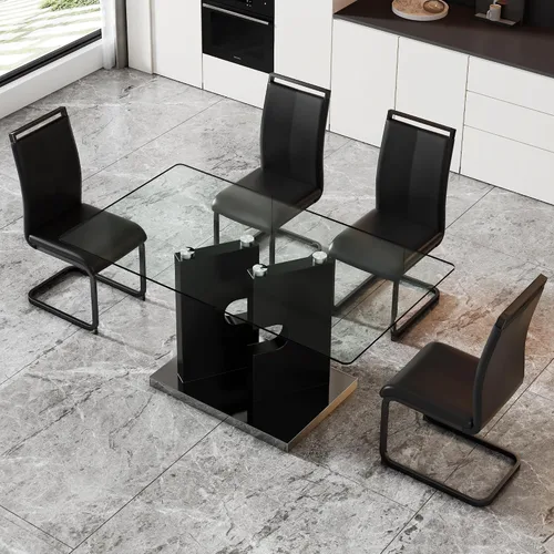 Vista 3 de Juego de 4 mesas de comedor de cristal, juego de mesa de comedor de Mesa negra+silla negra