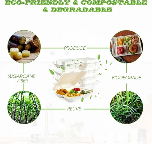 Vista 3 de Vplus Paquete de 300 Recipientes compostables para llevar con diseño de concha, de 20,3 x 20,3 cm, desechables y ecológicos, con 3 compartimentos