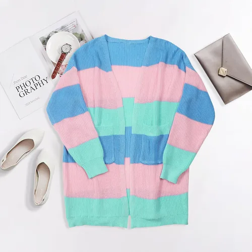 Vista 3 de ECOWISH Suéter largo para mujer, cárdigan de punto a rayas, manga larga 68 Azul