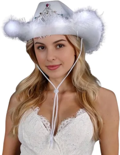 Vista 5 de blinkee Paquete de 12 sombreros de vaquero de lentejuelas rosas y tiara LED blanca para despedida de soltera para fiesta nupcial