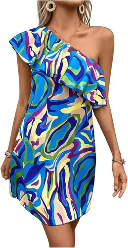 Vista 3 de Floerns Vestido tipo túnica con volantes y escalonado de un hombro para mujer