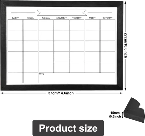 Vista 2 de Pizarra blanca de calendario mensual de borrado en seco, pizarra blanca magnética para pared, tablero colgante para oficina, escuela en casa, Negro