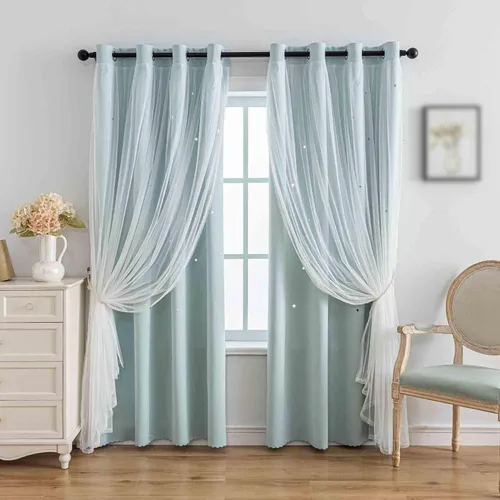 Vista 11 de Anytime - Cortinas para dormitorio de niñas con estrella hueca, cortinas opacas para habitación de niños, cortinas largas para oscurecer