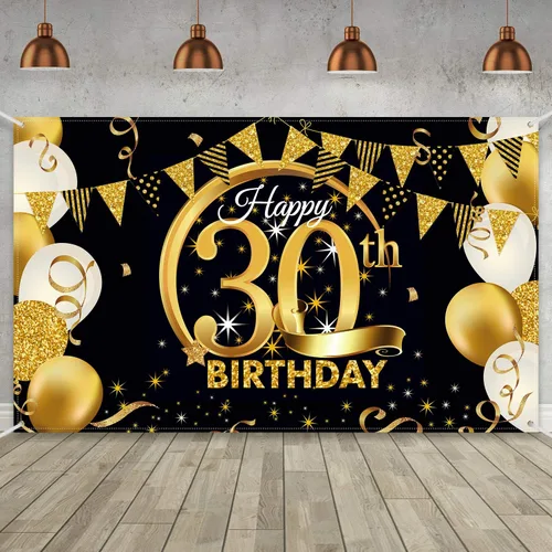 Vista 11 de Decoración de fiesta de cumpleaños número 15, cartel póster de tela extra grande negro y dorado para telón de fondo de cabina de fotos