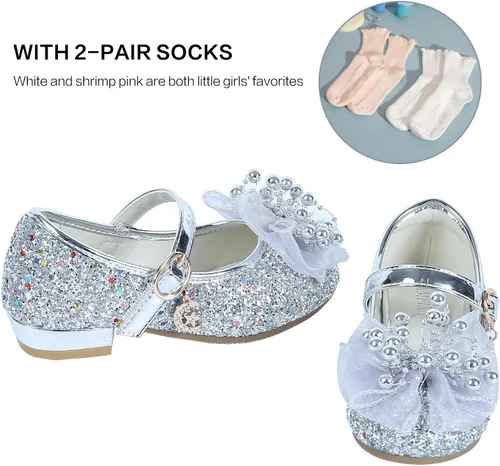 Vista 2 de AMFIXME Zapatos de vestir para niñas con 2 pares de calcetines, zapatos de tacón bajo Mary Jane para boda, fiesta, flores, zapatos de princesa