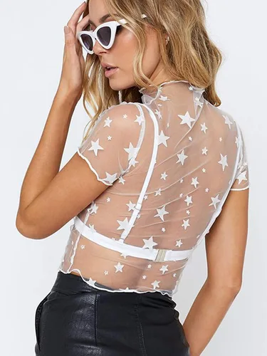 Vista 2 de Crop Tops para mujer Sexy Sheer Top Cover Up Swim Beach Mesh Top con estrellas