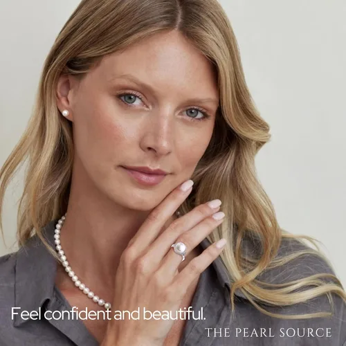 Vista 5 de The Pearl Source Freshwater Cultured Pearl Ring for Women with Button Pearl and Cubic Zirconia on Sterling Silver