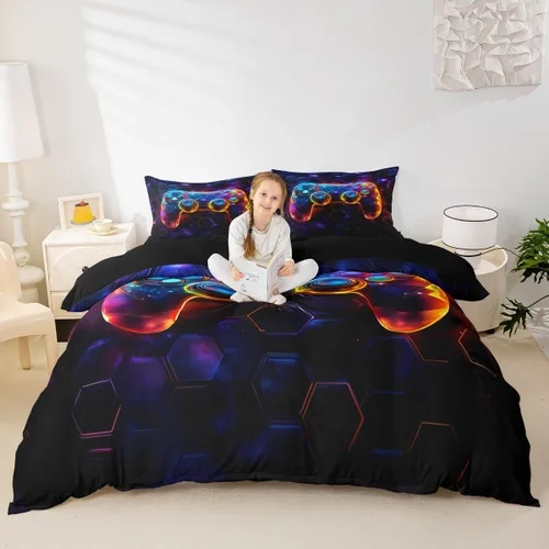 Vista 40 de Juego de funda de edredón con diseño de videojuegos para niños, tamaño individual, negro y azul a cuadros, juego de ropa de cama moderna