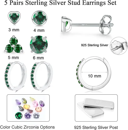 Vista 6 de EPIRORA Juego de aretes de plata de ley 925 para mujeres y hombres, hipoalergénicos con circonita cúbica para cartílago, hélix, 5 pares de aretes