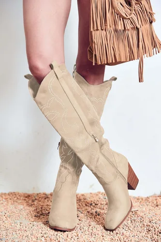 Vista 3 de Botas vaqueras para mujer, hasta la rodilla, botas vaqueras bordadas con punta puntiaguda y tacón grueso, botas vaqueras para otoño, invierno